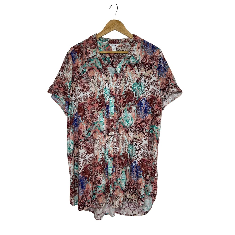 Intro Multicolor Paisley and Medallion Button-Down Bohemian Versatile Blouse XL